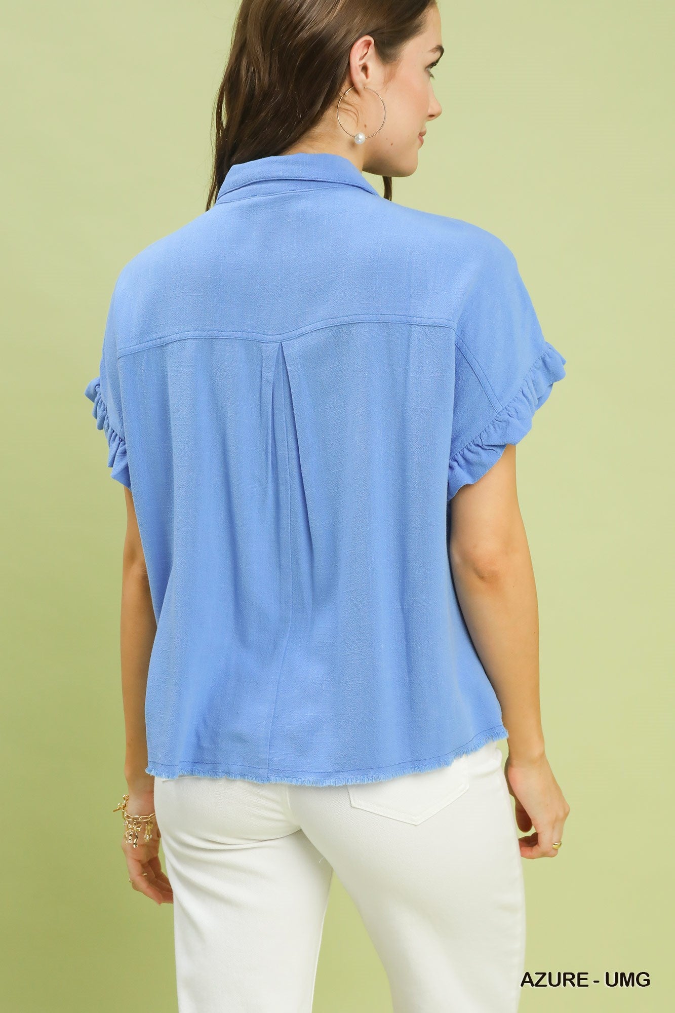 Umgee Shirt Blouse Linen Cotton Ruffle Smocked Azure Blue Short Sleeve Top