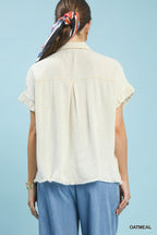 Umgee Linen Cotton Shirt Smocked Button-up Short Sleeve Ruffle Ruched Top