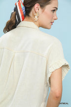 Umgee Linen Cotton Shirt Smocked Button-up Short Sleeve Ruffle Ruched Top