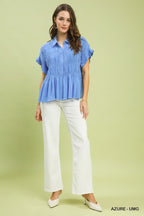 Umgee Shirt Blouse Linen Cotton Ruffle Smocked Azure Blue Short Sleeve Top