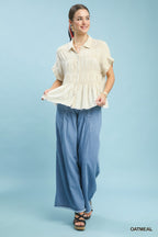 Umgee Linen Cotton Shirt Smocked Button-up Short Sleeve Ruffle Ruched Top