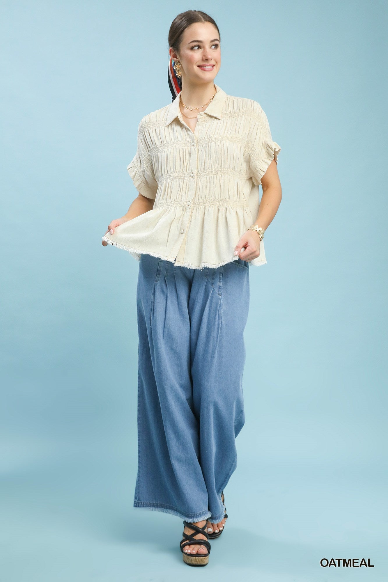Umgee Linen Cotton Shirt Smocked Button-up Short Sleeve Ruffle Ruched Top