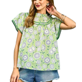Umgee Babydoll Blouse Floral Sage Green Trim Smocked Mock Neck Ruffle Top