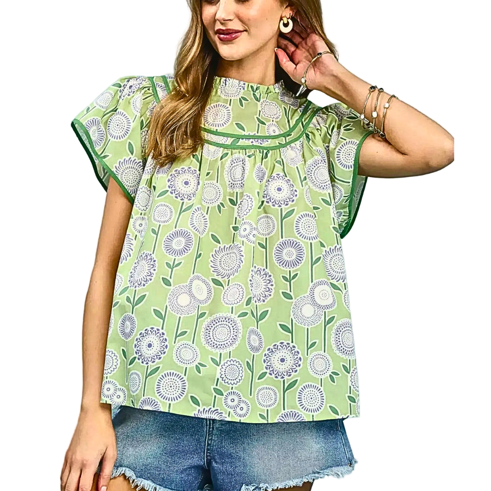 Umgee Babydoll Blouse Floral Sage Green Trim Smocked Mock Neck Ruffle Top