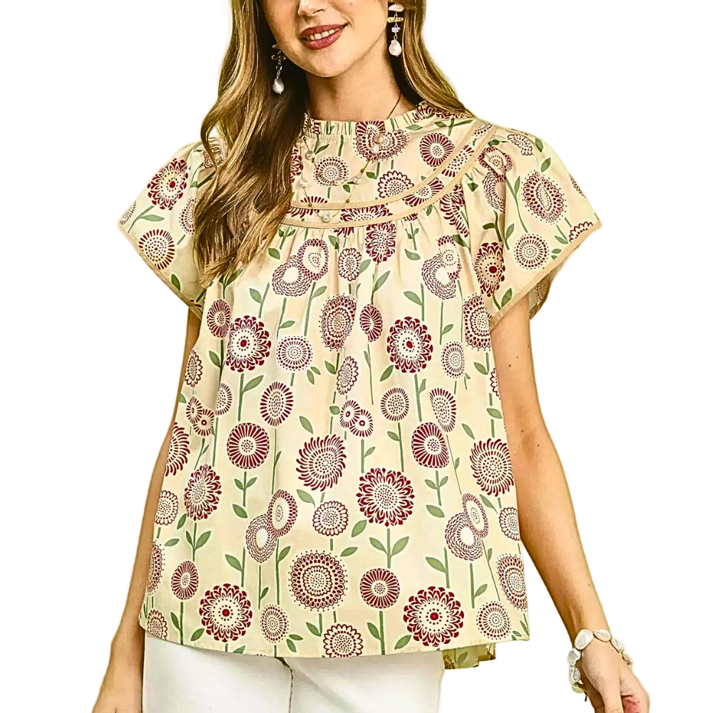Umgee Babydoll Blouse Red Floral Beige Trim Smocked Mock Neck Ruffle Top