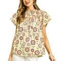 Umgee Babydoll Blouse Red Floral Beige Trim Smocked Mock Neck Ruffle Top