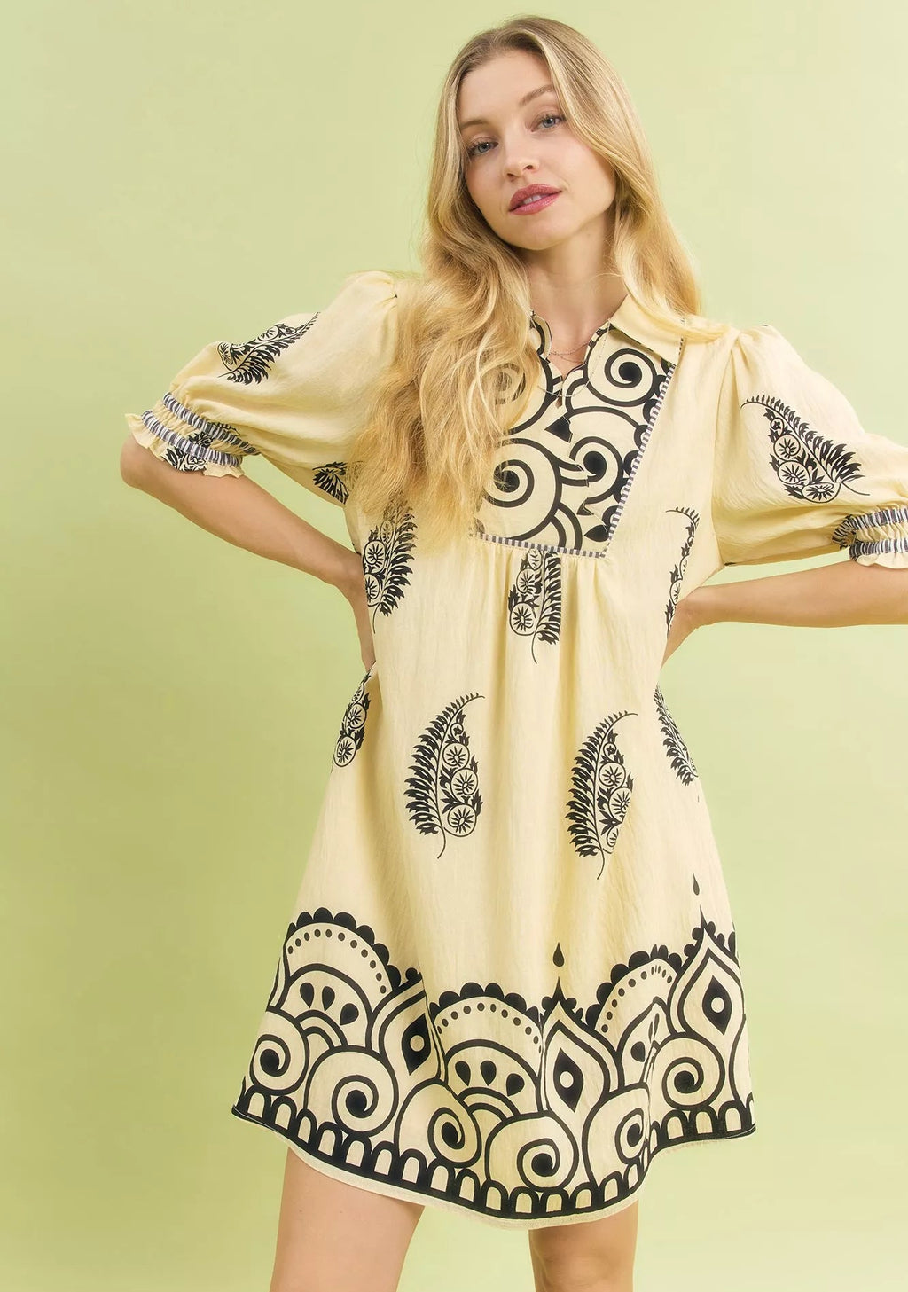 Umgee Babydoll Dress Ecru Paisley Mandala Print Short Puff Sleeve Smocked ECRU Umgee_Babydoll_Dress_Ecru_Paisley_Mandala_Print_Short_Puff_Sleeve_Smocked Trendsi