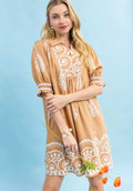 Umgee Babydoll Dress Latte Brown Paisley Mandala Print Short Sleeve Smocked LATTE Umgee_Babydoll_Dress_Latte_Brown_Paisley_Mandala_Print_Short_Sleeve_Smocked Trendsi