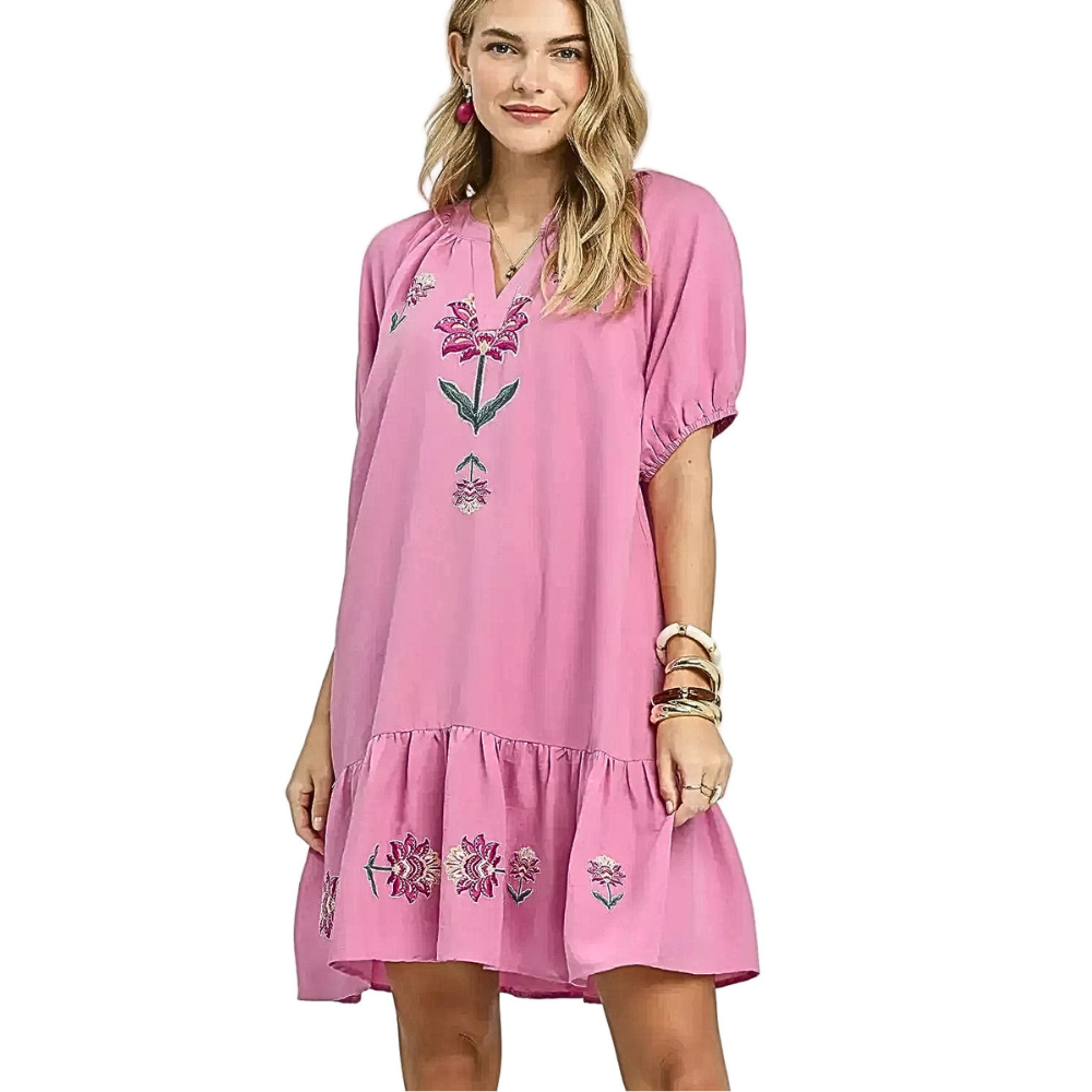 Umgee Babydoll Mini Dress Floral Embroidered Pink V-neck Ruffled Short Sleeve