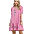 Umgee Babydoll Mini Dress Floral Embroidered Pink V-neck Ruffled Short Sleeve