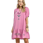 Umgee Babydoll Mini Dress Floral Embroidered Pink V-neck Ruffled Short Sleeve