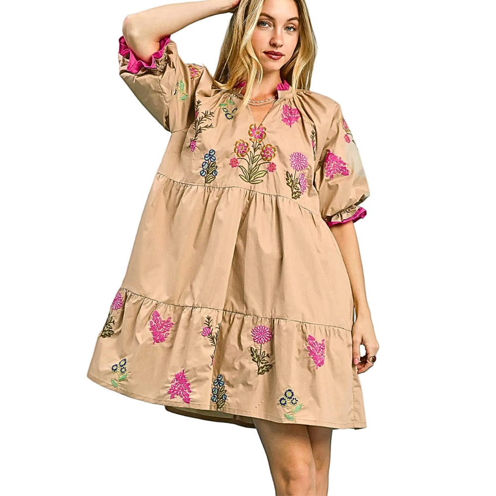 Umgee Babydoll Mini Dress Floral Embroidered Ruffle Taupe V-Neck Short Puff Sleeve