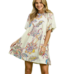 Umgee Babydoll Mini Dress Floral Round Neck Pleated Ruffle Short Sleeve Pocketed