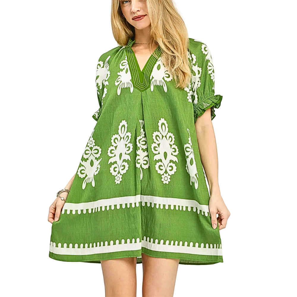 Umgee Babydoll Mini Dress Paisley Print Green V-Neck Trim Ruffle Short Sleeve Casual