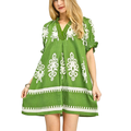 Umgee Babydoll Mini Dress Paisley Print Green V-Neck Trim Ruffle Short Sleeve Casual