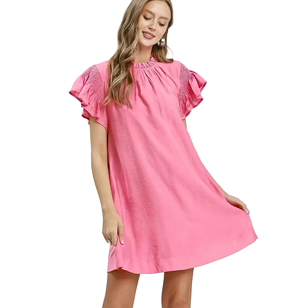Umgee Babydoll Mini Dress Ruffle Pink Flutter Short Sleeve Casual Smocked
