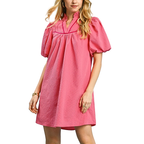 Umgee Babydoll-Minikleid Seersucker Pink Rüschen V-Ausschnitt Streifenbesatz Ballonärmel