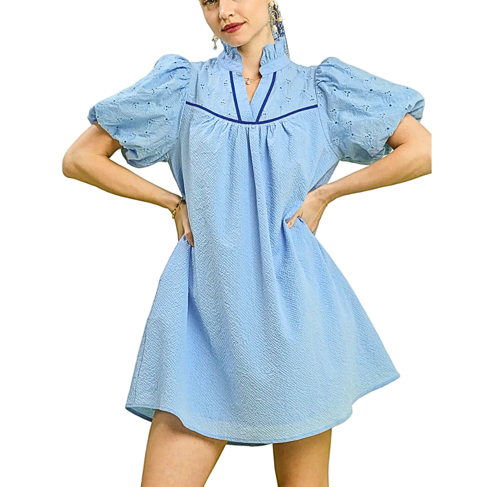 Umgee Babydoll Mini Dress Sky Blue Ruffle V-Neck Stripe Trim Ballon Floral Eyelet Sleeve