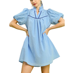 Umgee Babydoll Mini Dress Sky Blue Ruffle V-Neck Stripe Trim Ballon Floral Eyelet Sleeve