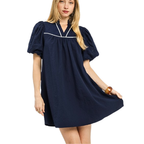 Umgee Babydoll Mini Dress Textured Navy Blue V-Neck Stripe Trim Puff Short Sleeve