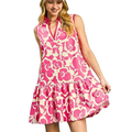 Umgee Babydoll Mini Dress Pink Floral Sleeveless V-Neck Stripe Trim Ruffle Casual