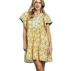 Umgee Babydoll Mini Dresss Floral Yelow Green Mix Casual Ruffle V-Neck Buttoned
