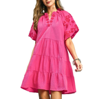 Umgee Babydoll Ruffle Mini Dress Pink Floral Embroidered V-Neck Balloon Short Sleeve