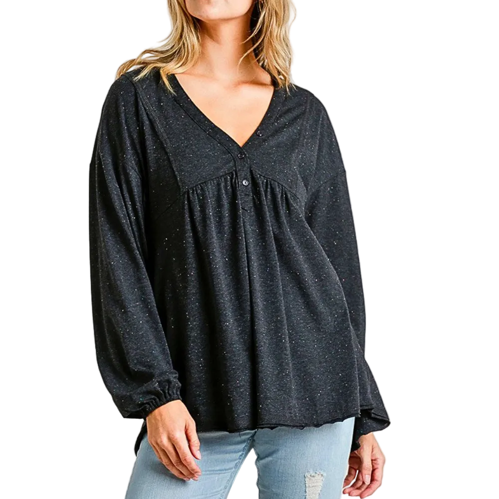 Umgee_Babydoll_Top_Confetti_Detail_V-neck_Button_Front_Long_Puff_Sleeve_Blouse