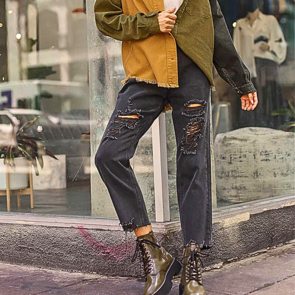 Umgee Black Jeans Straight-Cut Distressed Denim Pants with Raw Hem Casual Fashion