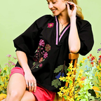 Umgee Bluse Schwarz Geblümte Stickerei V-Ausschnitt Gestreift Baumwolle Ballonärmel Boho Top
