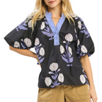 Umgee Blouse Black Floral Light Blue V-Neck Contrast Boho Ballon Short Sleeve Top