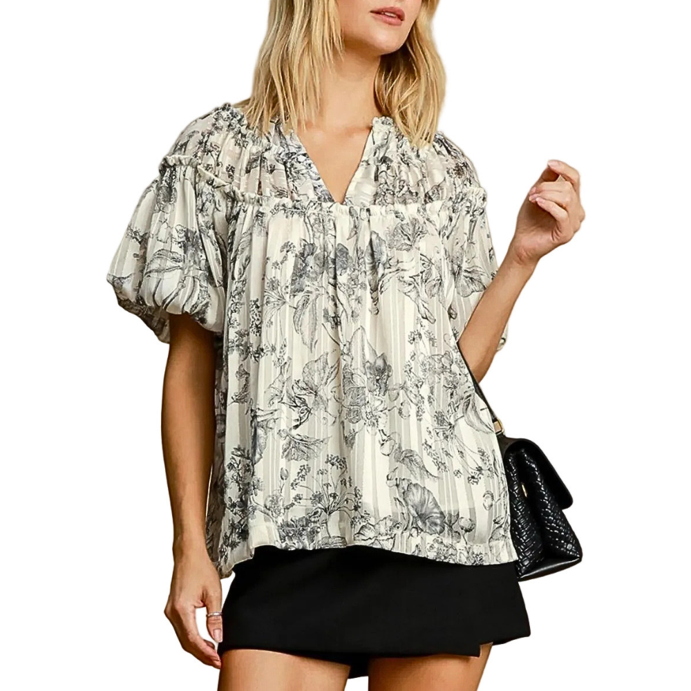 Umgee Blouse Black Floral Metallic Top V-Neck Ruched Ruffle Short Balloon Sleeve