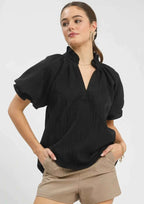 Umgee Blouse Black Textured Puff Short Sleeve Split Neck Top