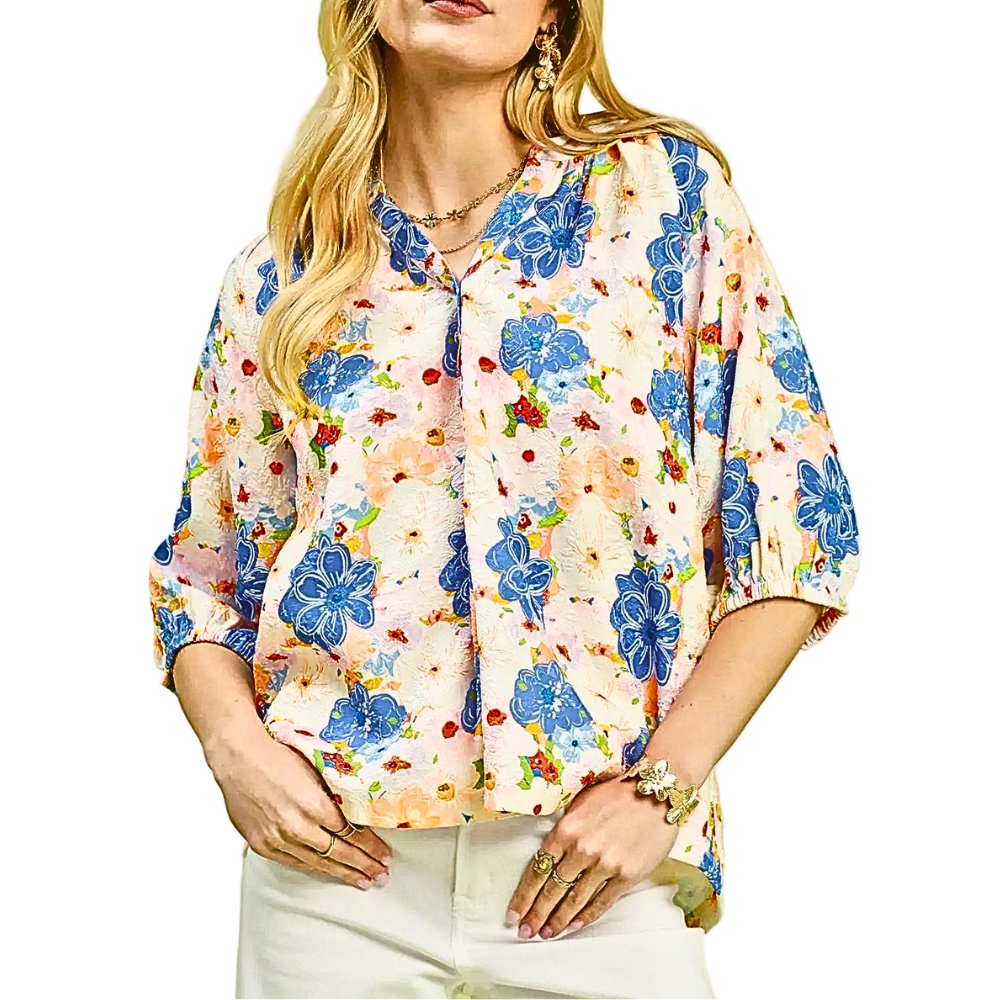 Umgee Blouse Blue Floral Cream Mix V-Neck Buttoned Short Balloon Sleeve Loose Top