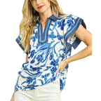 Umgee Bluse Blau Blumenmuster Schlitzkragen V-Ausschnitt Oberteil Spitzenbesatz Rüschenärmel