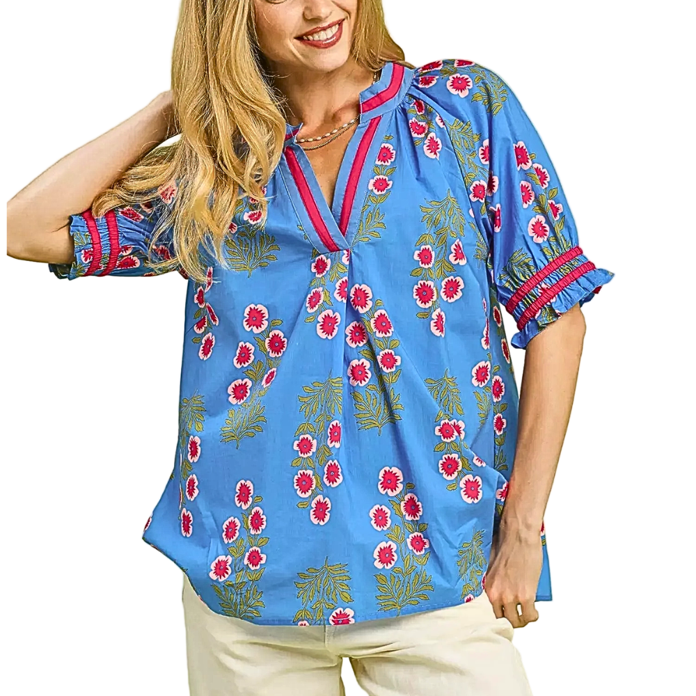 Umgee Blouse Blue Floral V-Neck Stripe Contrast Trim Casual Puff Sleeve Top