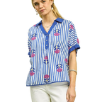 Umgee Blouse Blue Stripe Embroidered V-Neck Collar Buttoned Casual Cotton Top