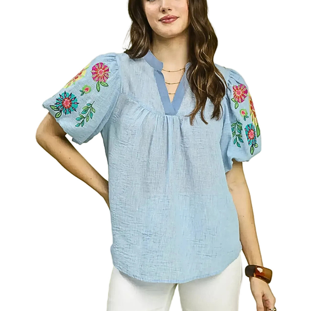 Umgee Blouse Blue V-Neck Trim Floral Embroidered Puff Short Sleeve Casual Top