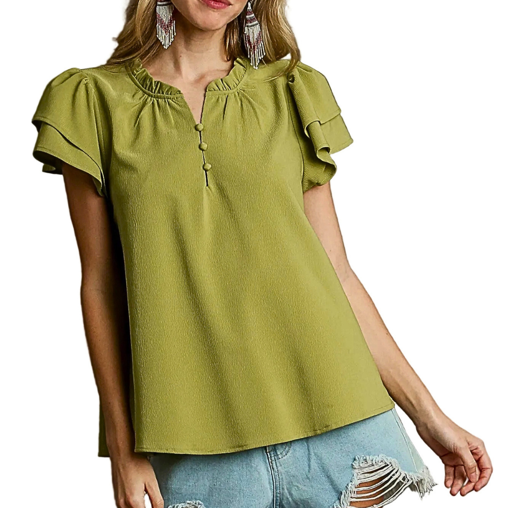 Umgee Blouse Boxy Cut Top V-Neck Button Ruffle Short Layered Sleeves in Avocado