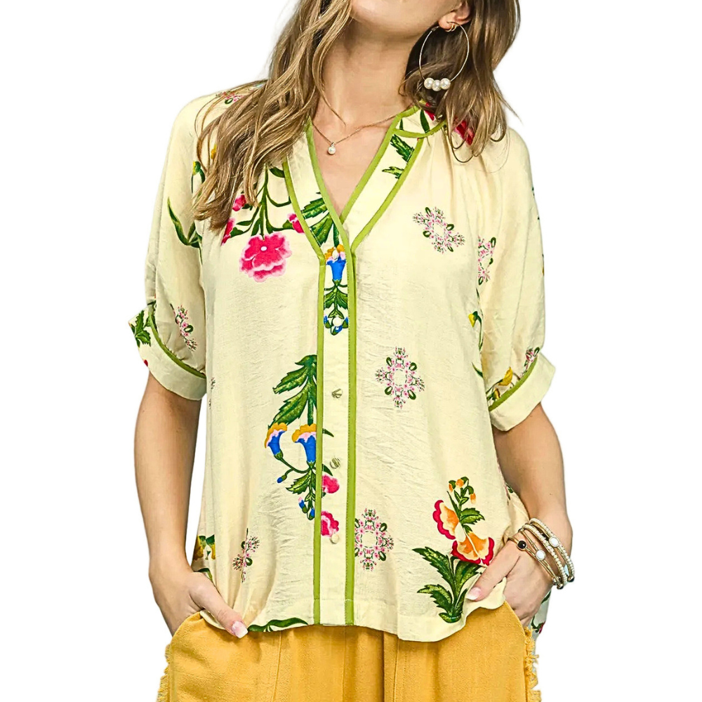 Umgee Blouse Button-Down Shirt Top Cream Floral Botanical Print Stripe Contrast Trim