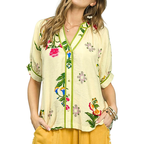 Umgee Bluse Button-Down-Hemd Oberteil Creme Blumen Botanischer Druck Streifen Kontrastbesatz