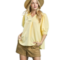 Umgee Blouse Check Gingham Lemon Yellow Puff Short Sleeve Collared Top