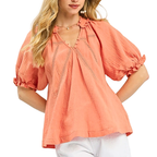 Umgee Blouse Cotton Gauze Ruffle V-Neck Top Lace Trim Peach Ballon Sleeve Top