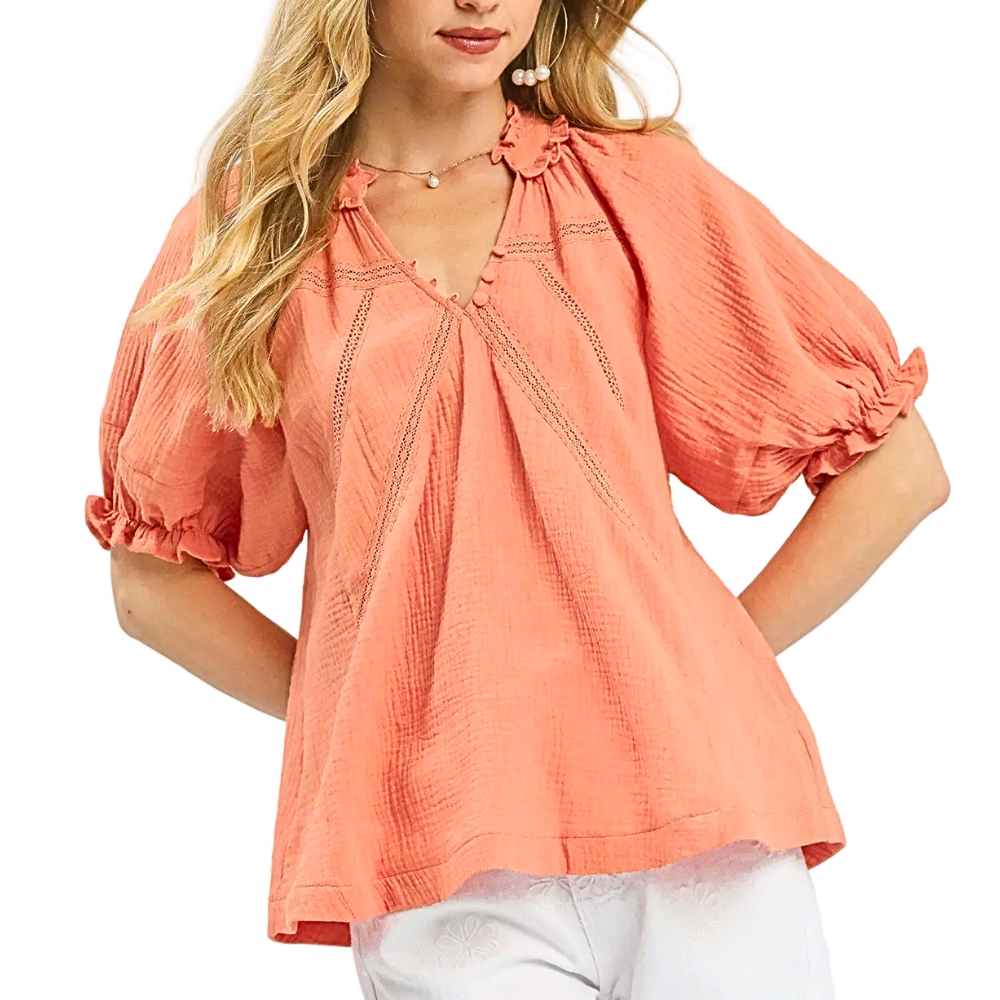 Umgee Blouse Cotton Gauze Ruffle V-Neck Top Lace Trim Peach Ballon Sleeve Top