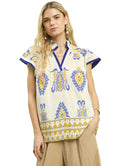 Umgee Border Print Split-Neck Boho Top