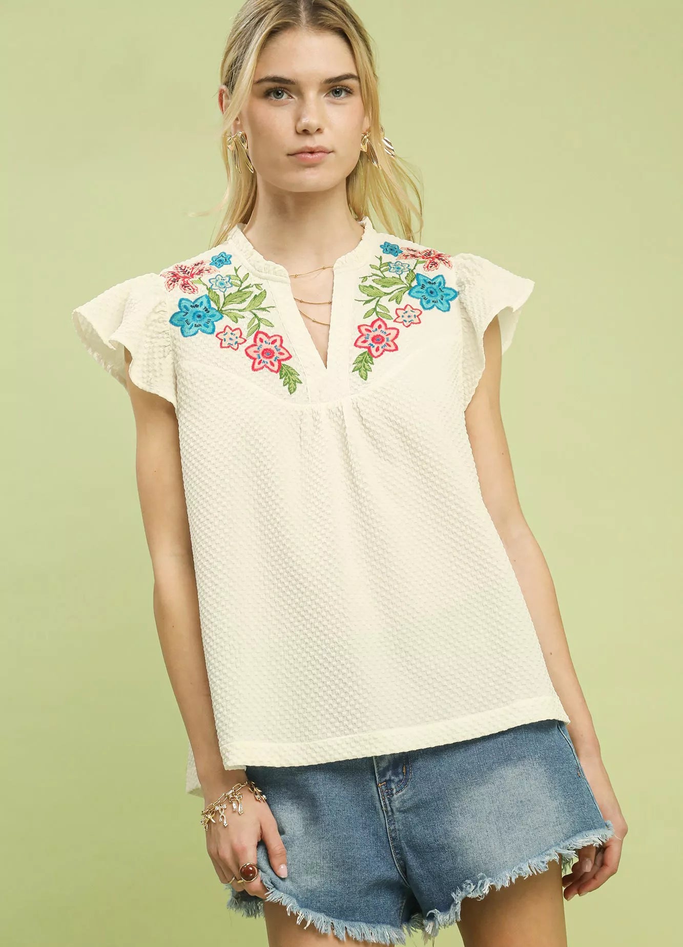 Umgee Blouse Cream Embroidered Flutter Short Sleeve Top
