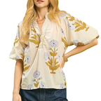Umgee Blouse Cream Honey Floral V-Neck Button Contrast Striped Trim Puff Sleeve Top