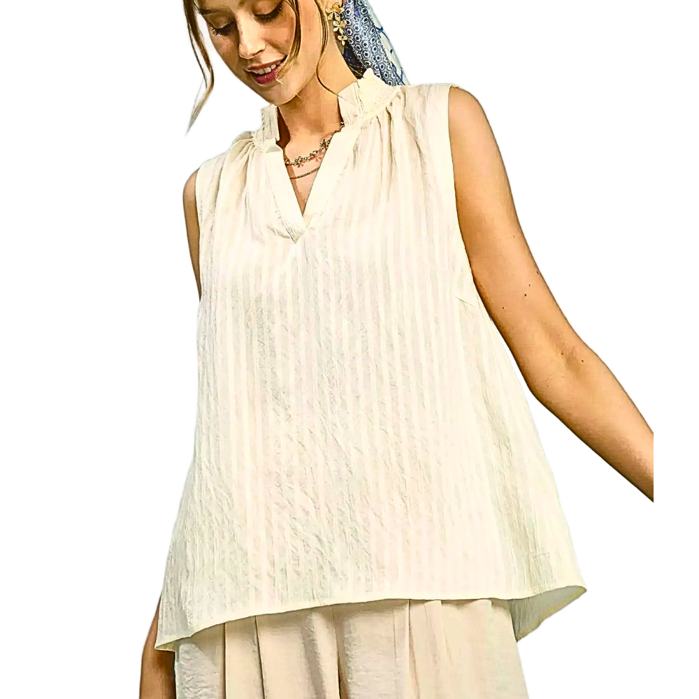 Umgee Blouse Cream Stripe Sleeveless Textured Notch V-Neck Neck Casual Loose Top