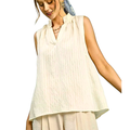 Umgee Blouse Cream Stripe Sleeveless Textured Notch V-Neck Neck Casual Loose Top