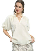 Umgee Blouse Cream Textured Puff Short Sleeve Split Neck Top